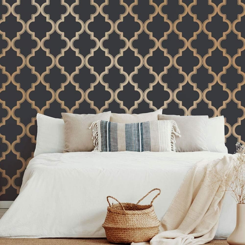 Midnight & Metallic Gold Removable Peel and Stick Trellis Wallpaper, 20.5"x16...