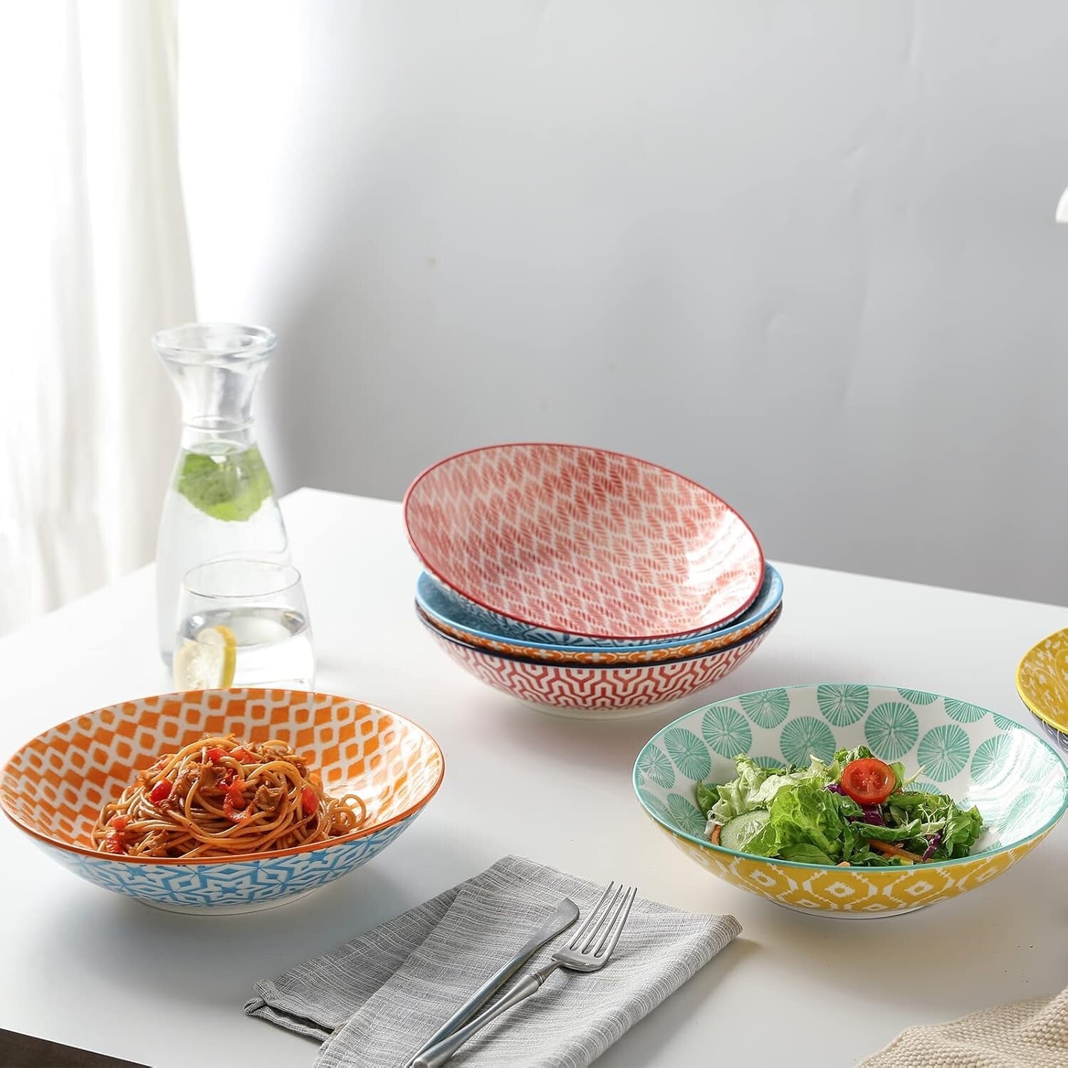 Durable Colorful 9-Inch Pasta & Salad Bowls - Set of 6, Oven & Microwave Safe