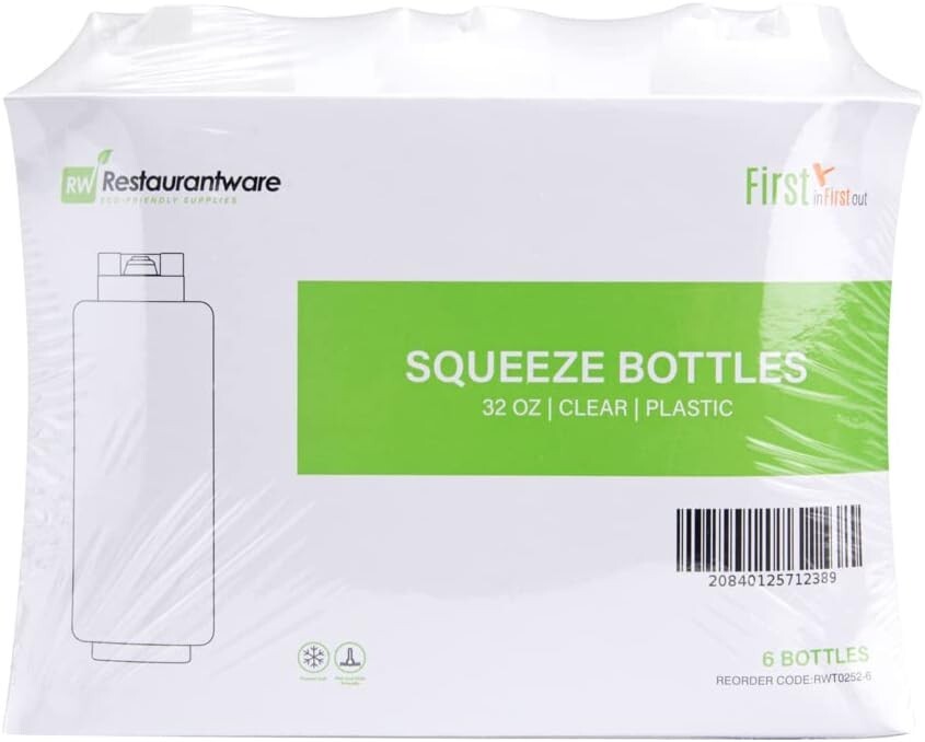 FIFO 32 oz Condiment Squeeze Bottle Set - 6 Clear Precision Dispensing Bottles