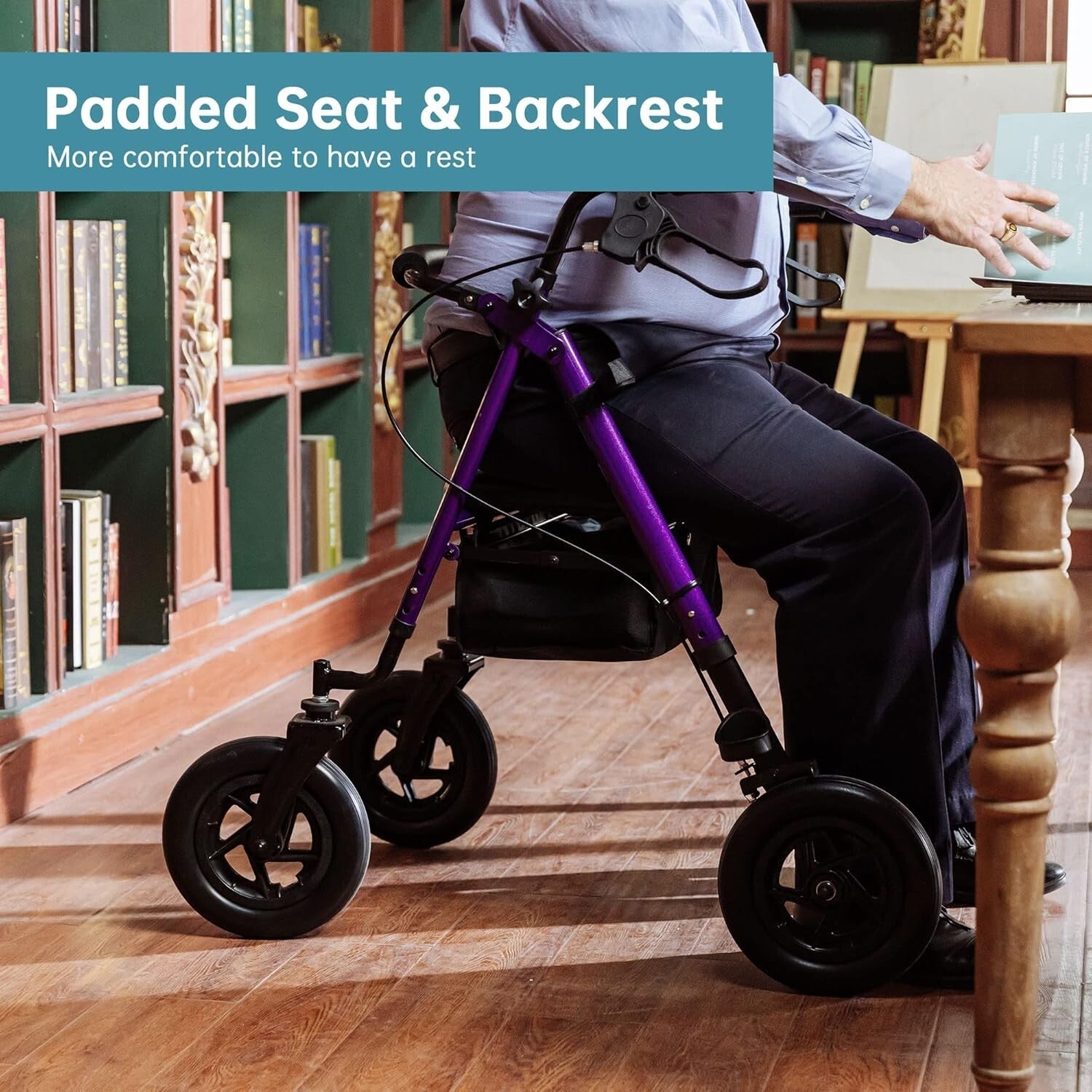 Lightweight Purple Rollator Walker with Large Rubber Wheels & Storage Basket