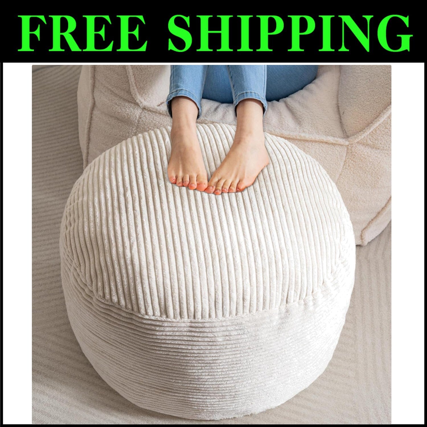 Elegant Round Pouf Ottoman - Cozy Corduroy and Faux Fur Foot Stool in Beige