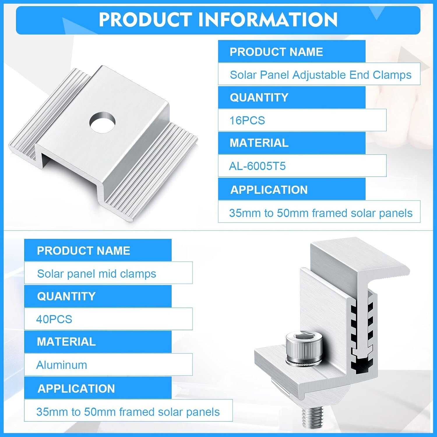 Durable Solar Panel Mid Clamps with Adjustable End Clamps - Easy Install