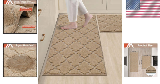 Soft, High Pile Kitchen Rugs [2 PCS] - Water-Resistant & Machine Washable