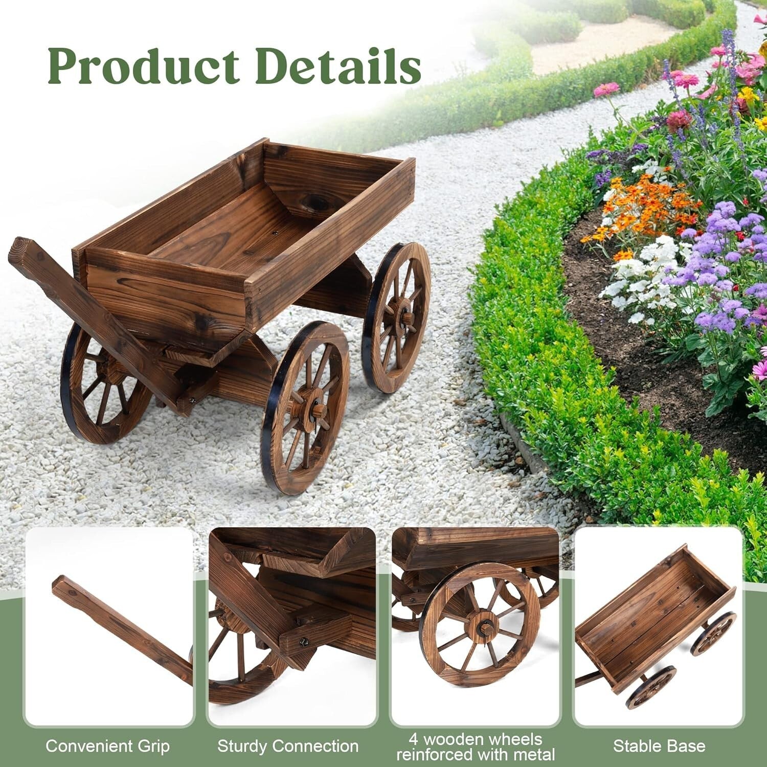 Adjustable Wooden Garden Cart with Wheels for Charming Outdoor Flower Display
