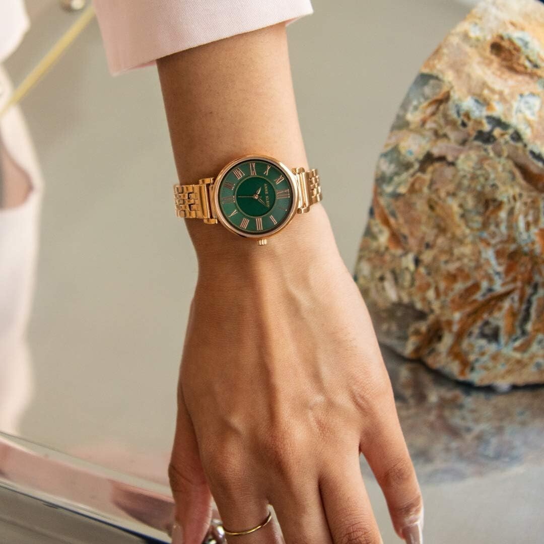 Luxury Rose Gold Women’s Watch with Adjustable Bracelet & Green Dial, Waterproof