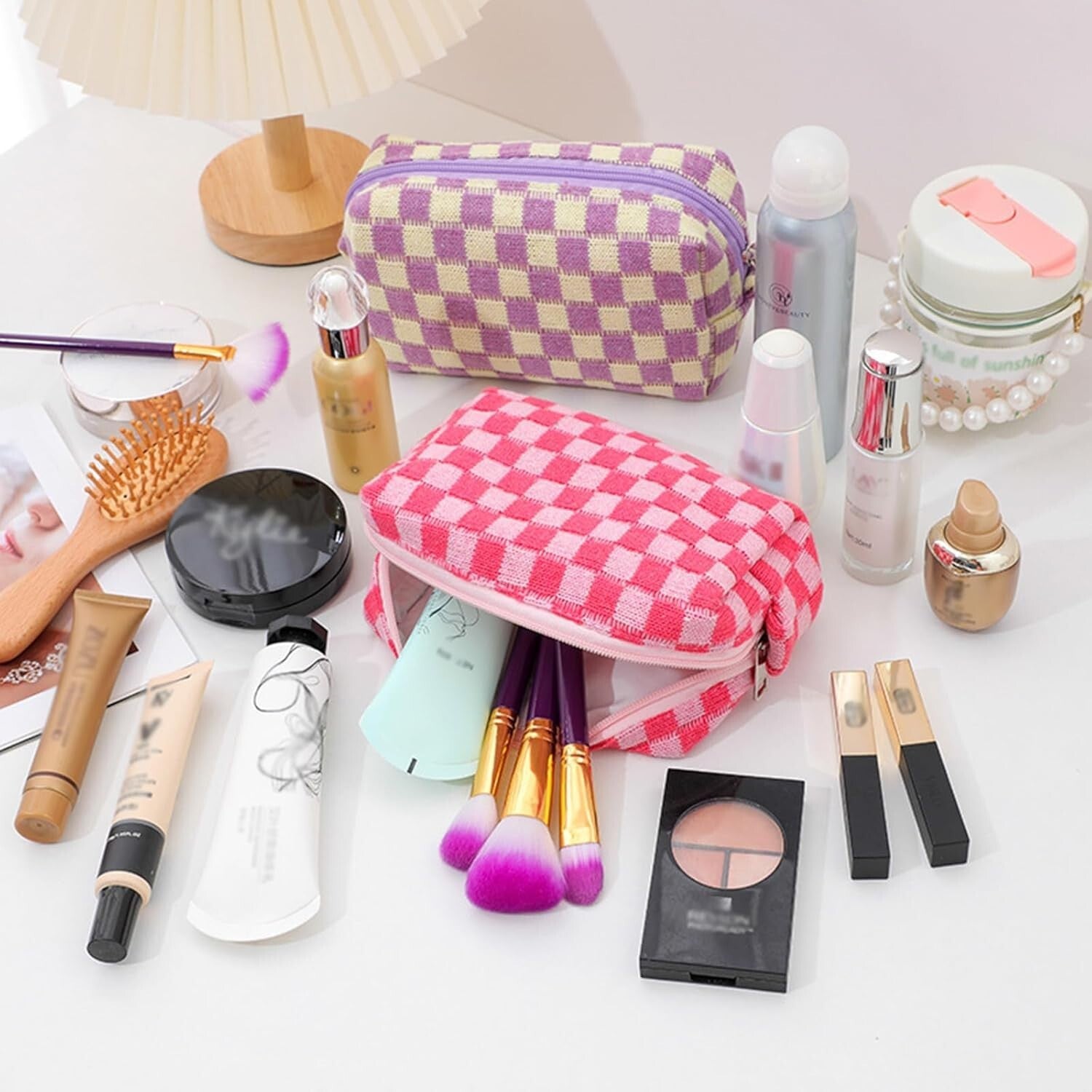 Fashionable Checkered Cosmetic Bags - Multi-Color Large Capacity Travel Set