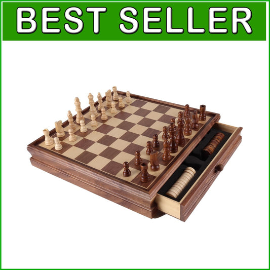 Elegant 15-Inch 2-in-1 Chess & Checkers Board Game Set with Storage Drawer