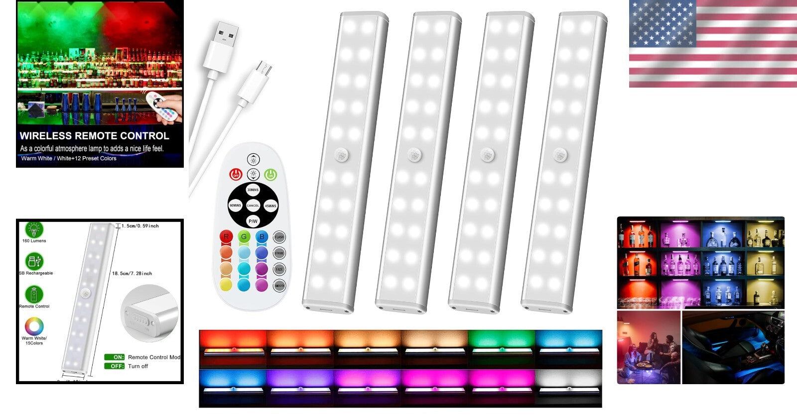 15 Color Changeable LED Under Cabinet Lighting - Magnetic & Dimmable, 4 Pack