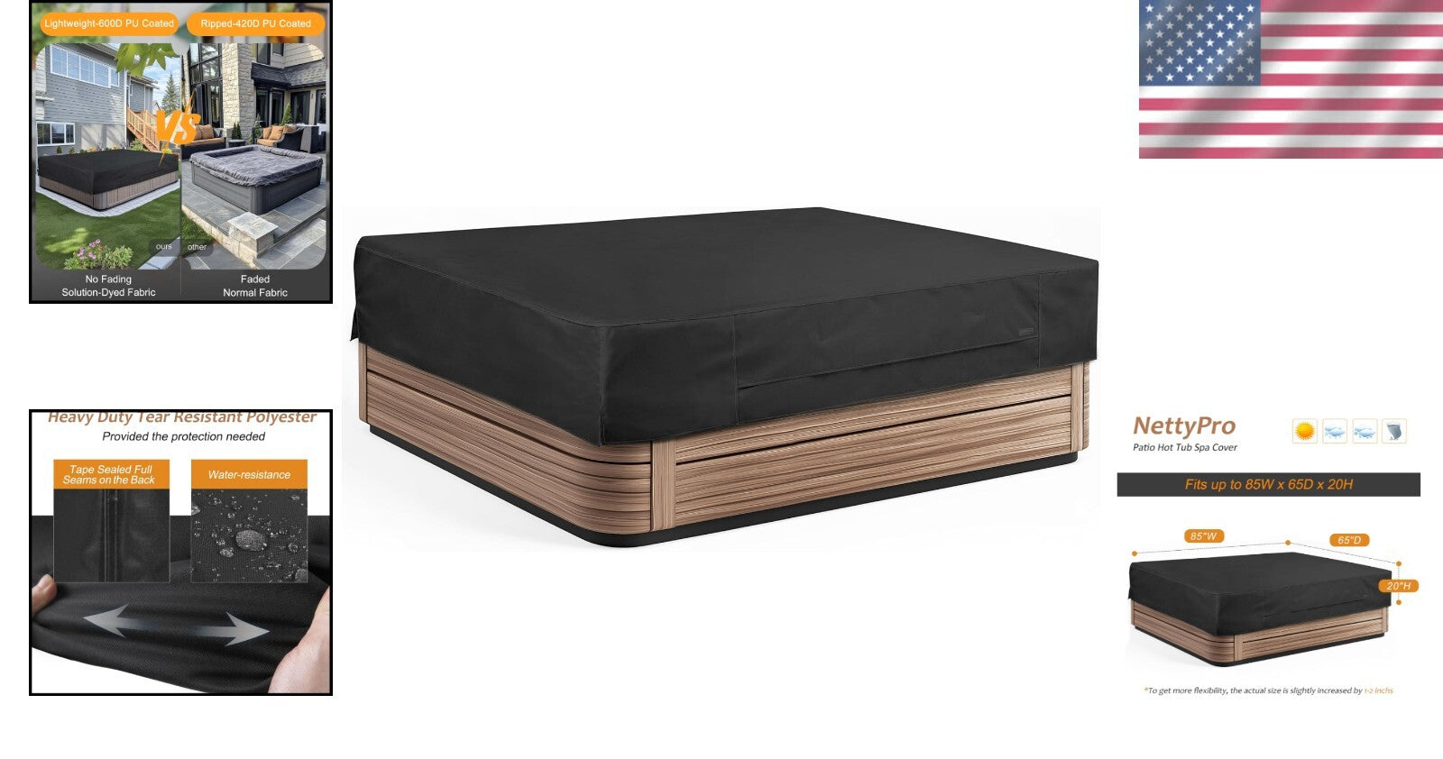 Adjustable Black Hot Tub Cover - Fade Resistant & Waterproof, Rectangular 86x67