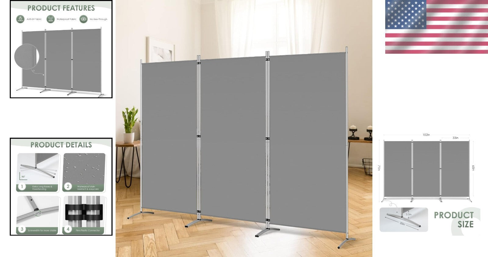 Durable Freestanding Room Divider - 102''W x 71''H Adjustable Privacy Screen