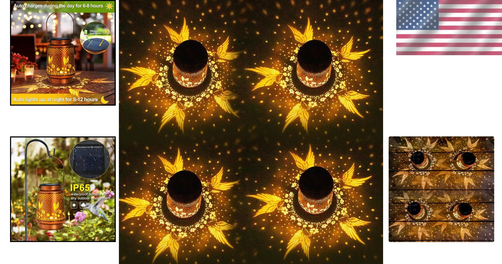 4 Pack Solar-Powered Hanging Hummingbird Lanterns - Elegant Outdoor Decor