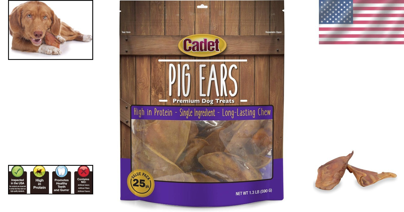 Savory Natural Pig Ears for Dogs - 25 Count Long-Lasting Chews, 100% Real Pork