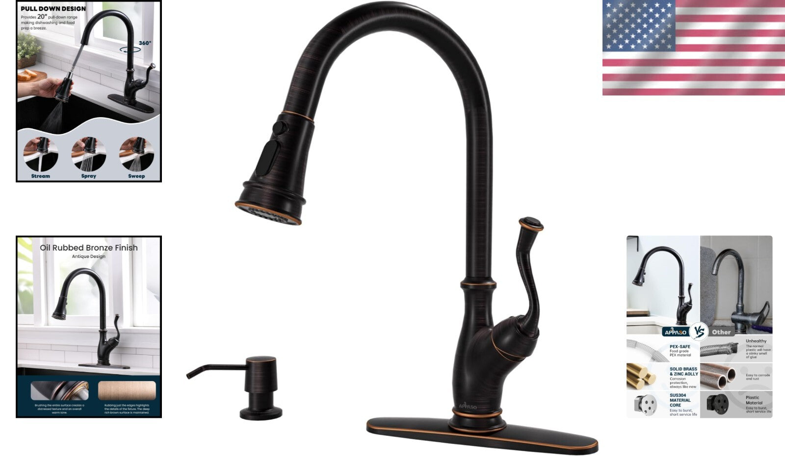 Elegant Oil Rubbed Bronze Kitchen Faucet with Pull-Down Sprayer & Soap Dispenser