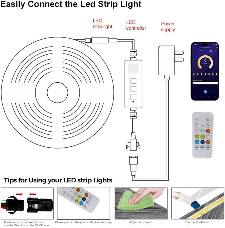 CCT 32.8ft Tunable White LED Strip - Bluetooth Dimmable Tape Light for Elegance
