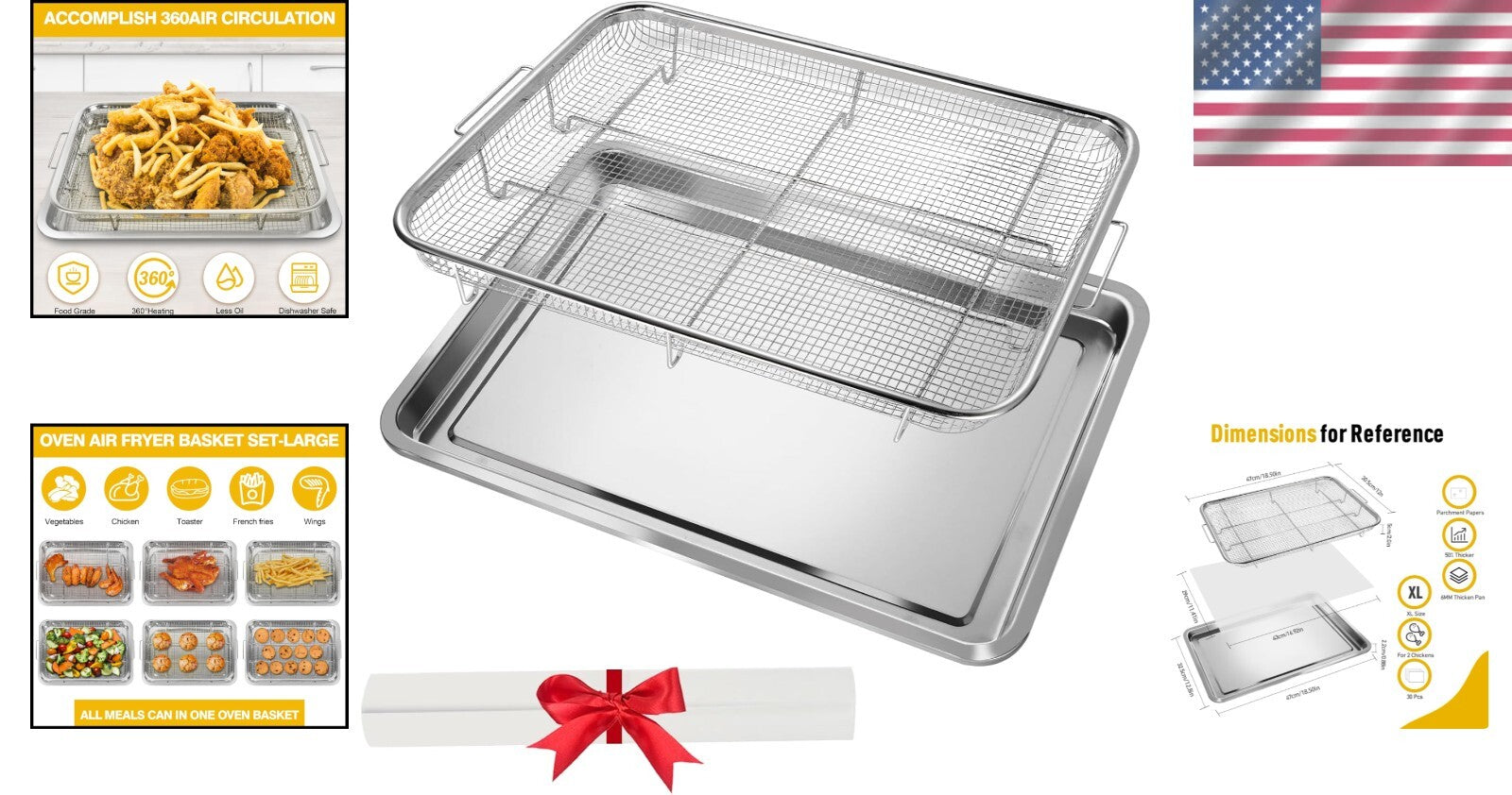 Deluxe 2-Piece Baking Set: Large Stainless Steel Air Fryer & Tray with Parchment