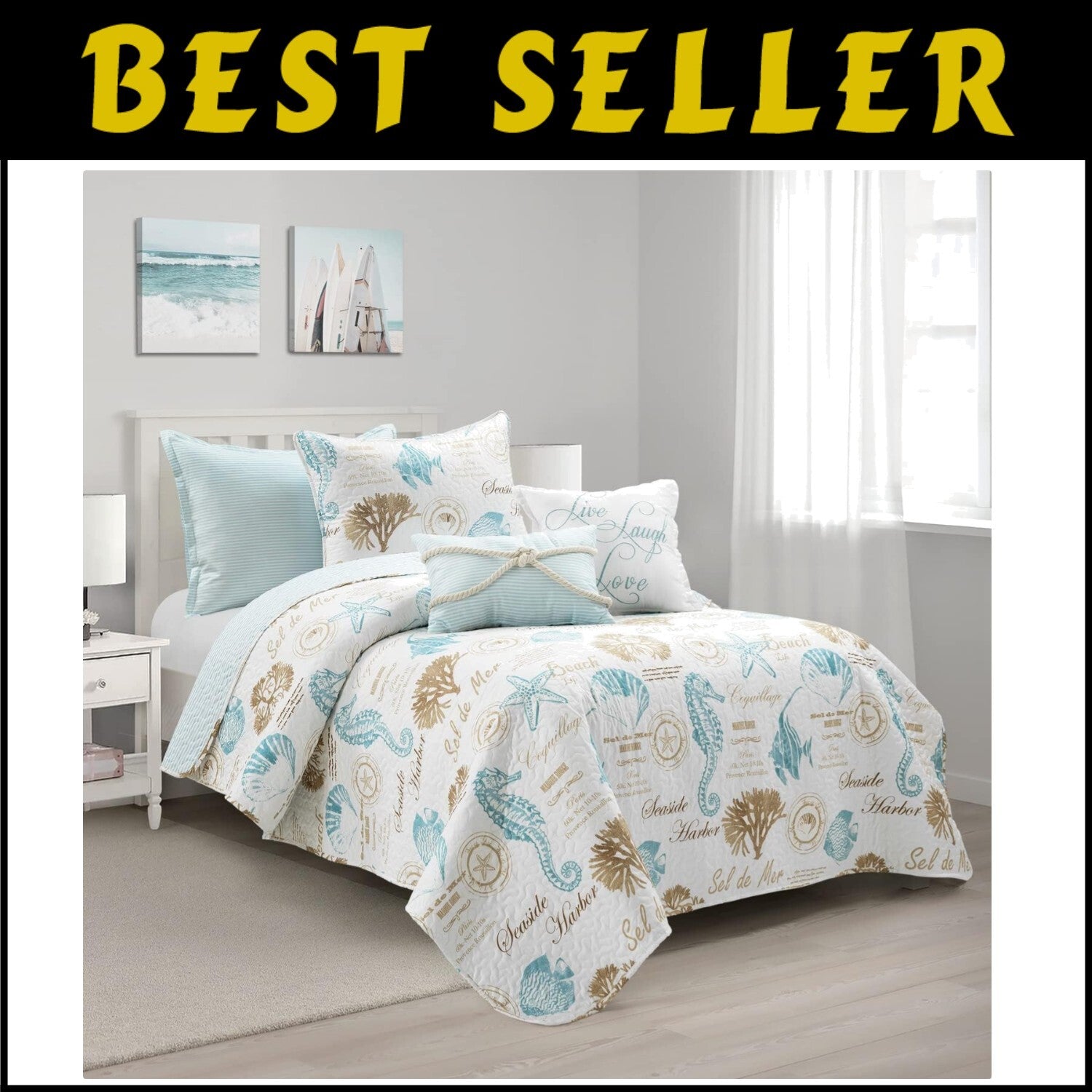 Harbor Life 5-Piece Reversible Coastal Quilt Set - Twin/Twin XL - Beach Theme