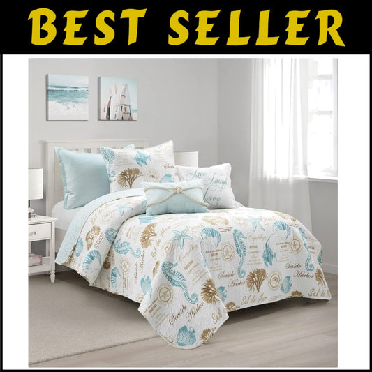 Harbor Life 5-Piece Reversible Coastal Quilt Set - Twin/Twin XL - Beach Theme