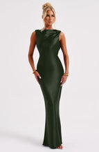 Load image into Gallery viewer, Luxurious Army Green Satin Maxi Dress - Sleeveless High Neck Cocktail Gown