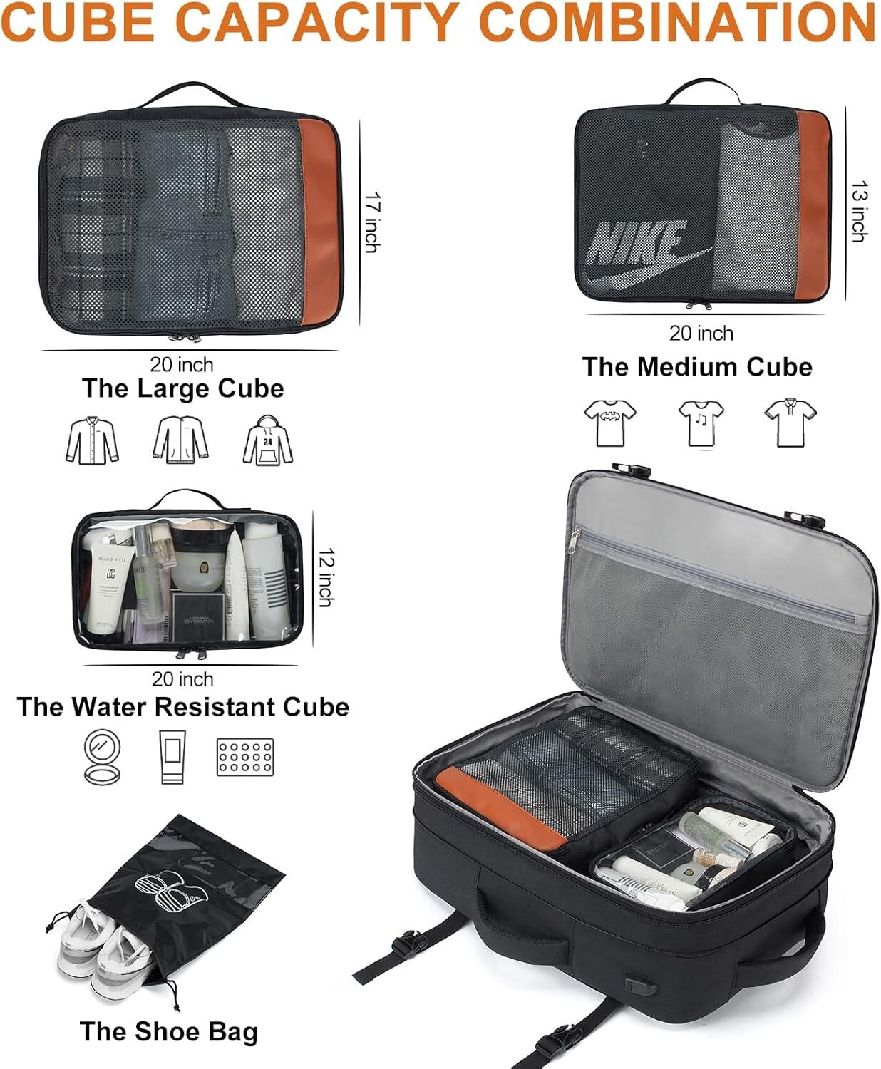 Extra Large 40L Carry-On Travel Backpack with 4 Packing Cubes - Water-Resistant