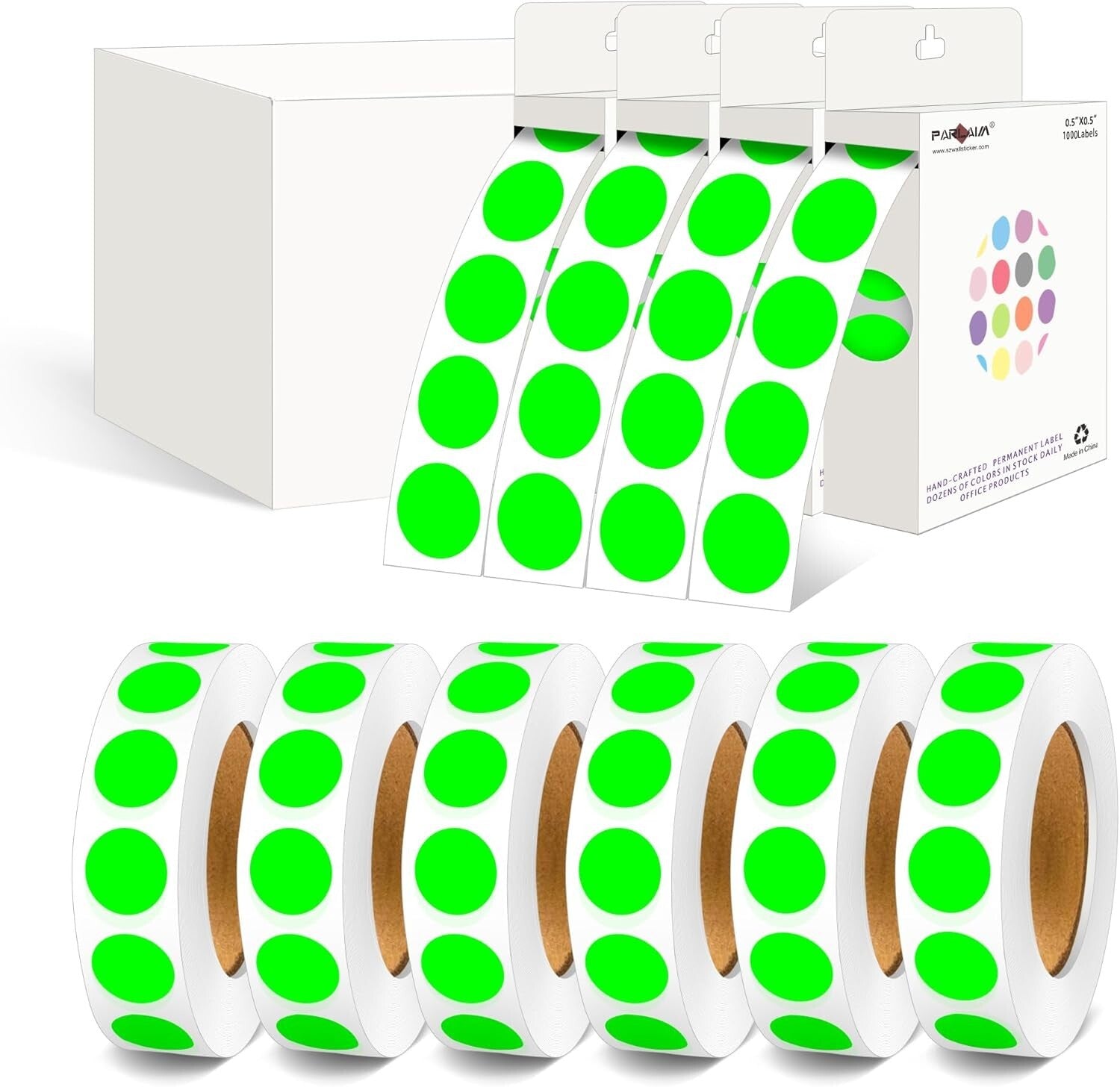Bulk Pack of 10 Rolls Fluorescent Green 1/2 Inch Permanent Adhesive Dot Stickers