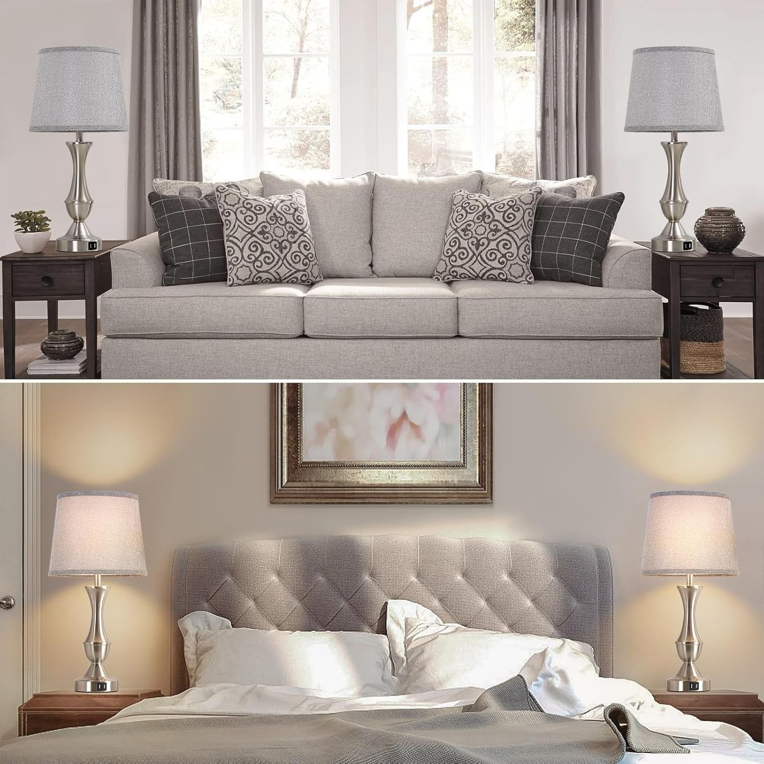 Elegant 22" Table Lamps Set with Touch Control and USB Charging - Silver & Grey