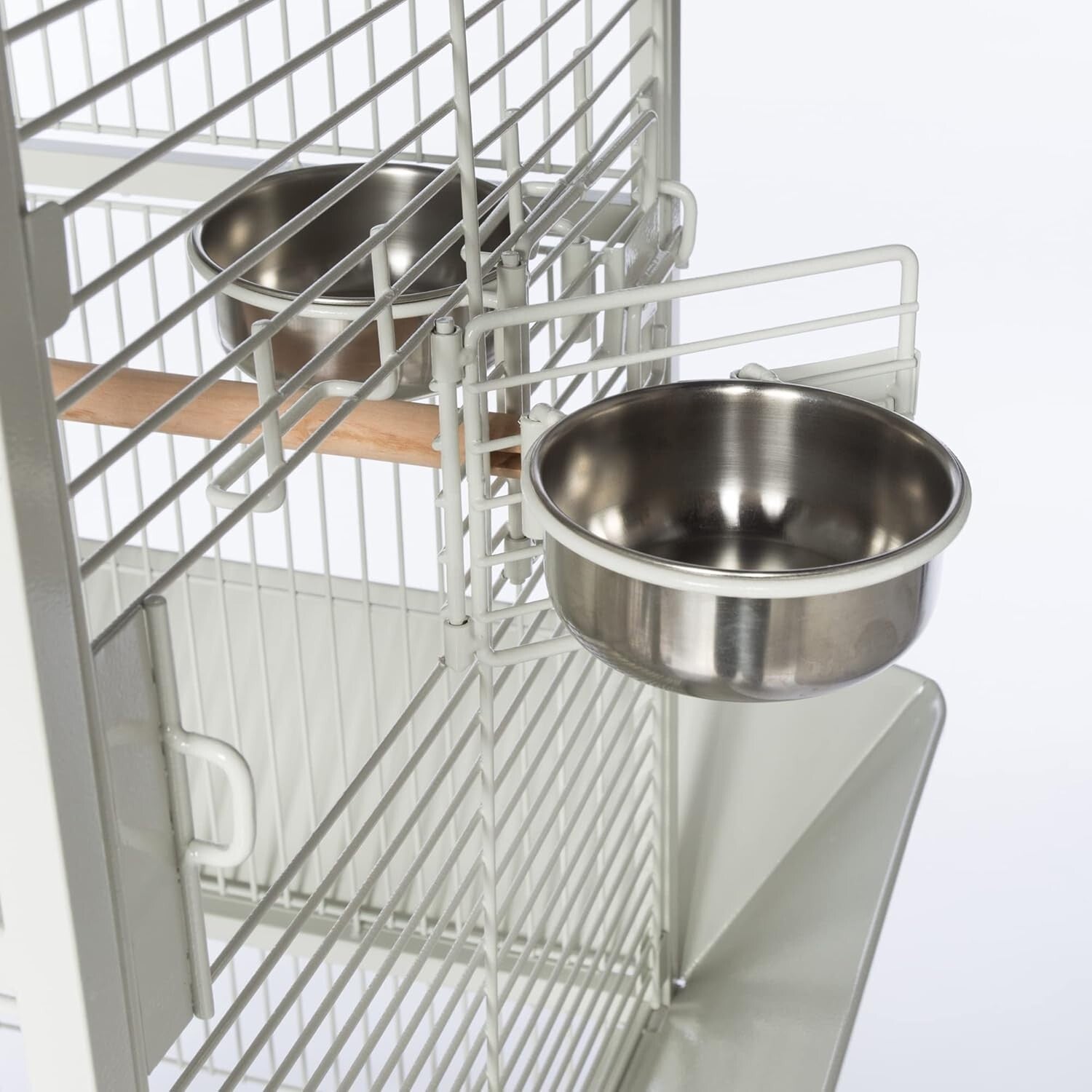 Chalk White Wrought Iron Bird Cage with Rounded Seed Guards and Rolling Stand