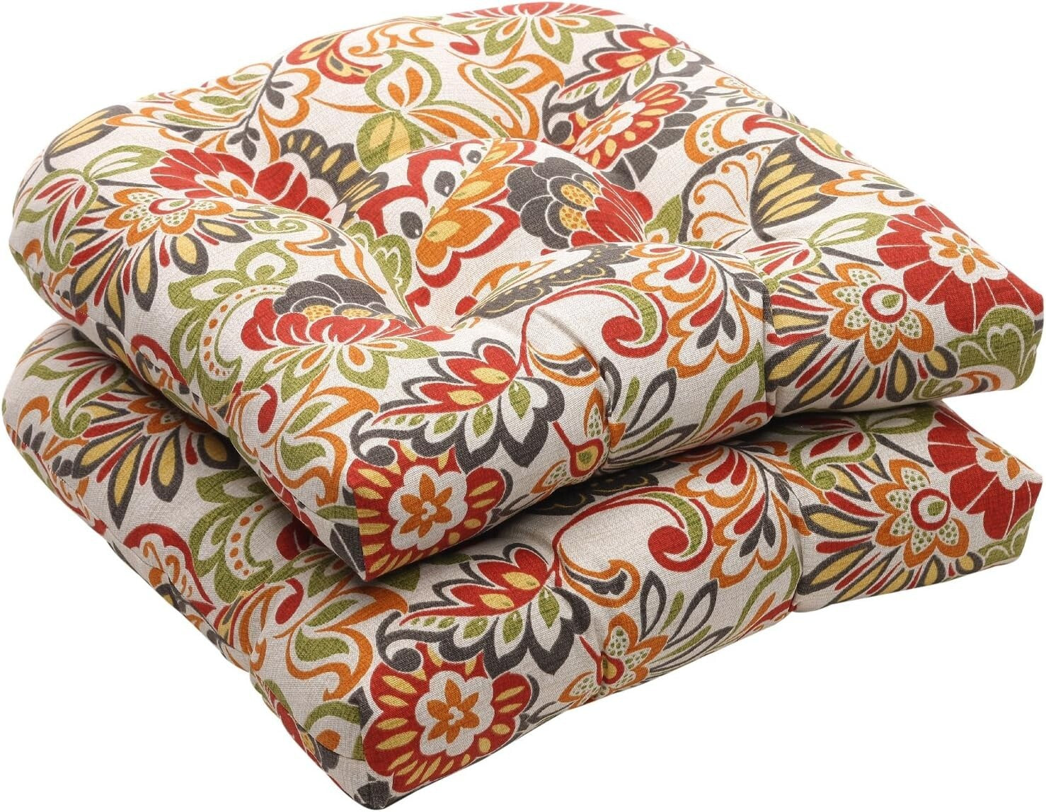 Bright Floral Tufted Seat Cushions, 19"x19", Weather & Fade Resistant - Set of 2
