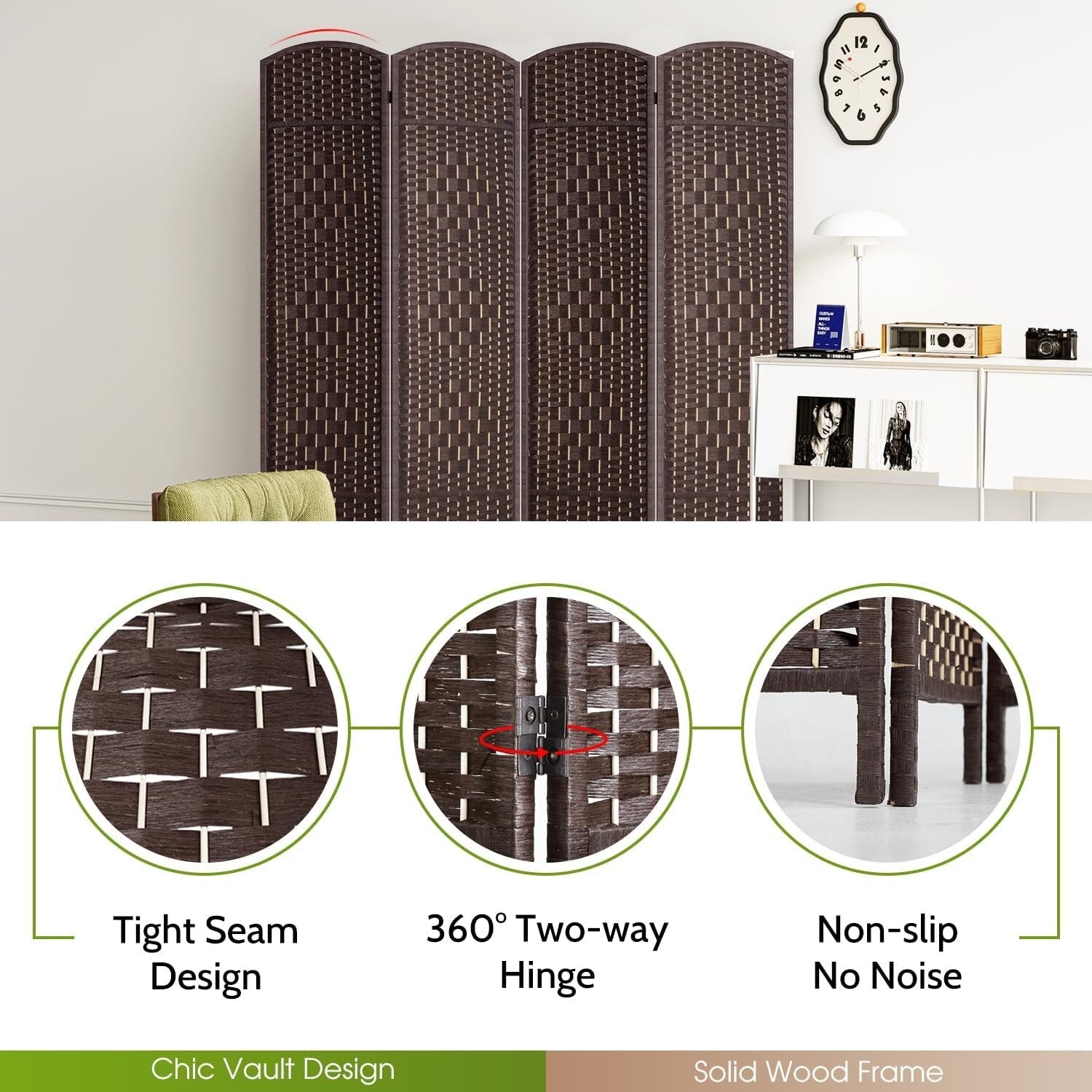 Modern 70.9" Folding Room Divider - Solid Brown Indoor Partition Screen