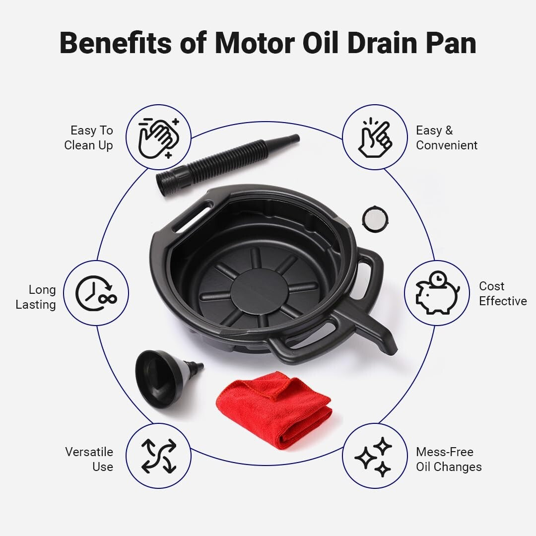 Durable Oil Change Kit with 8 Quart Pan, Funnel & Shop Towels for DIY Mechanics