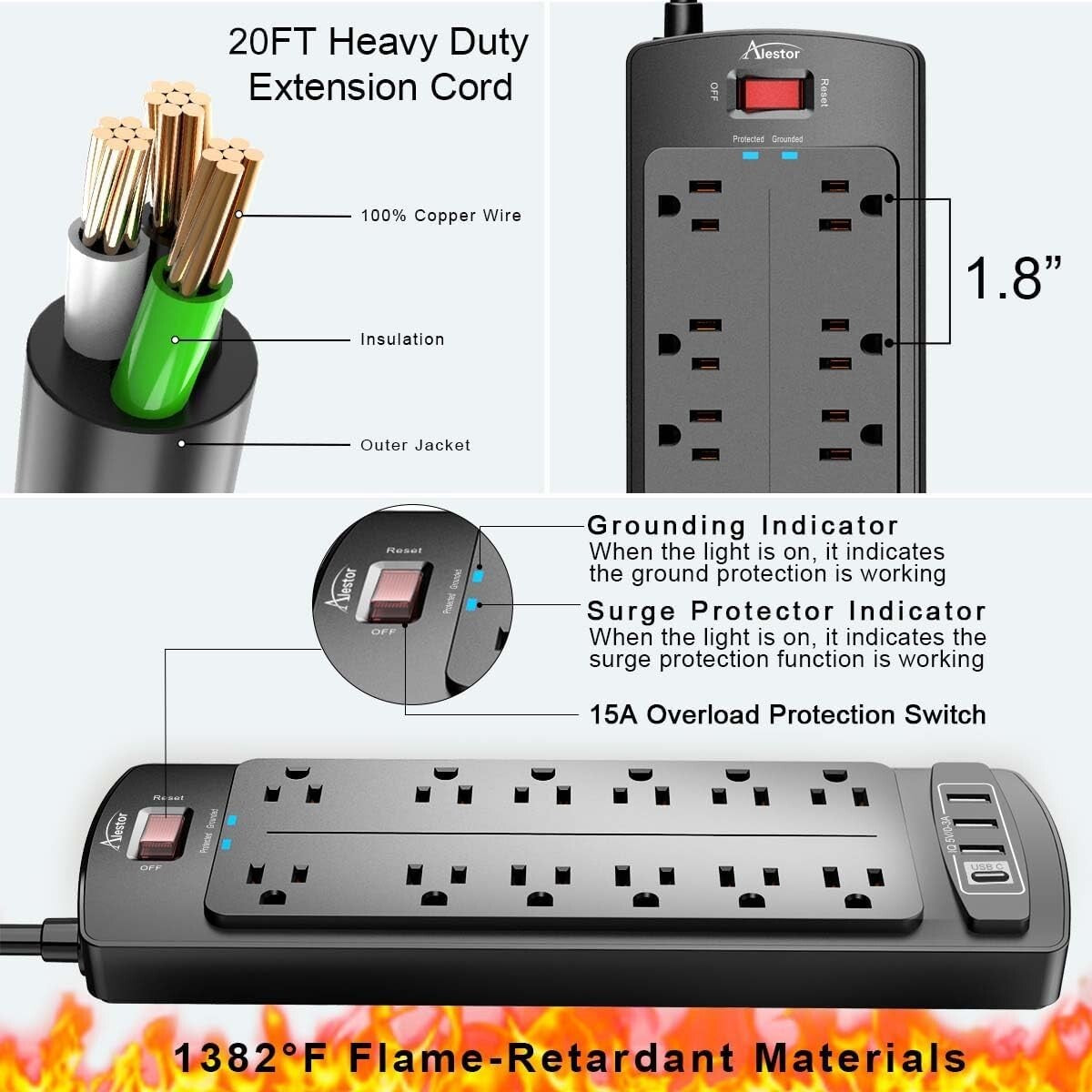 12-Outlet Surge Protector Power Strip with 4 USB Ports & Flame Retardant Housing