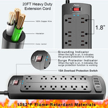 Load image into Gallery viewer, 12-Outlet Surge Protector Power Strip with 4 USB Ports &amp; Flame Retardant Housing