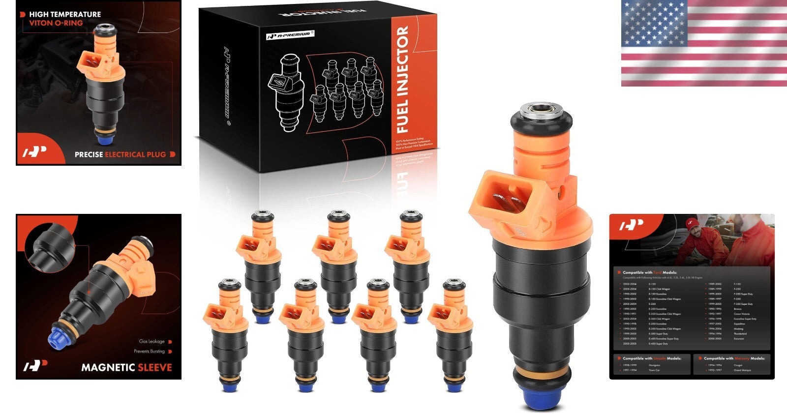 Set of 8 Fuel Injectors for Ford, Lincoln, Mercury - V8 Models Compatibility