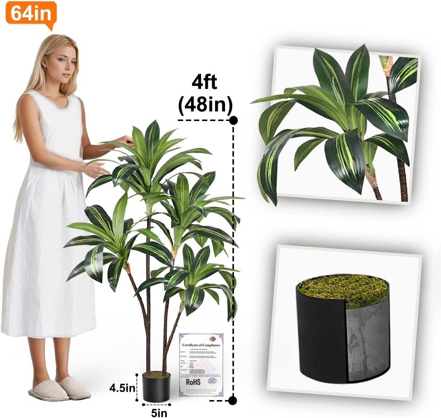 4ft Artificial Dracaena Tree - Real Touch Faux Plant for Indoors & Outdoors