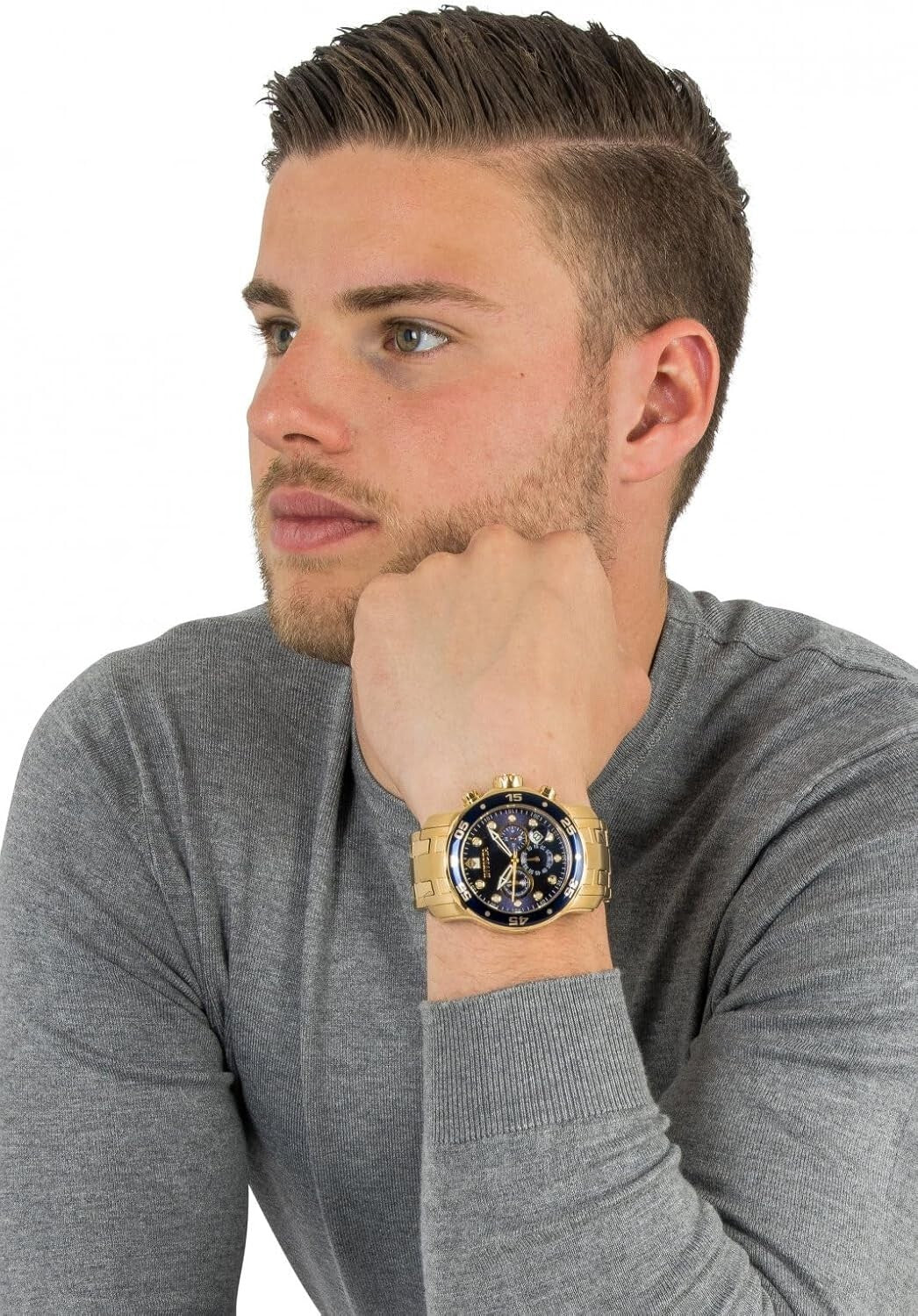 200m Water Resistant Diver's Chronograph Watch with Blue Dial & Gold Tone Band