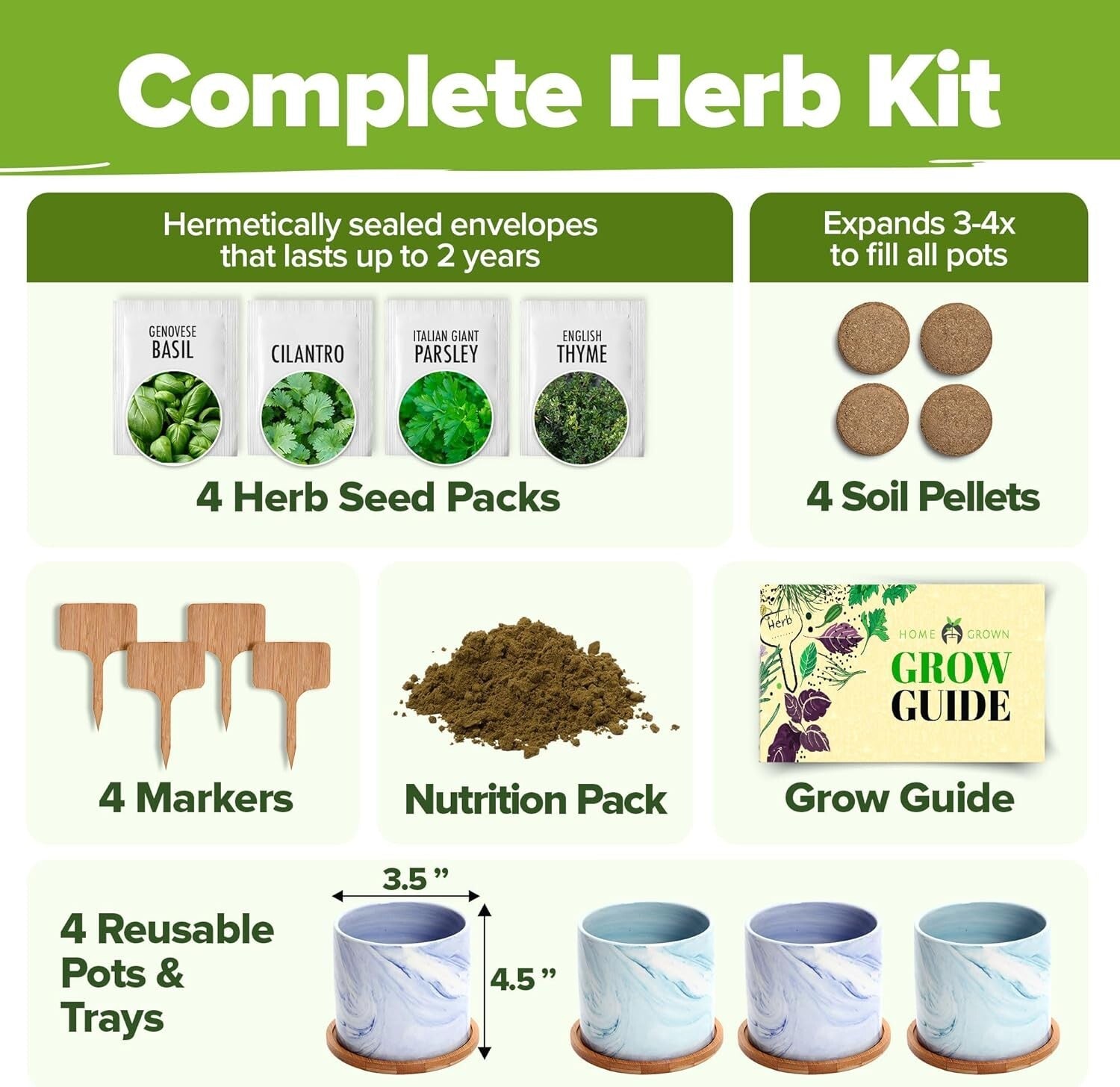 Indoor Herb Garden Kit with Glazed Ceramic Pots - Perfect Kitchen Starter Set