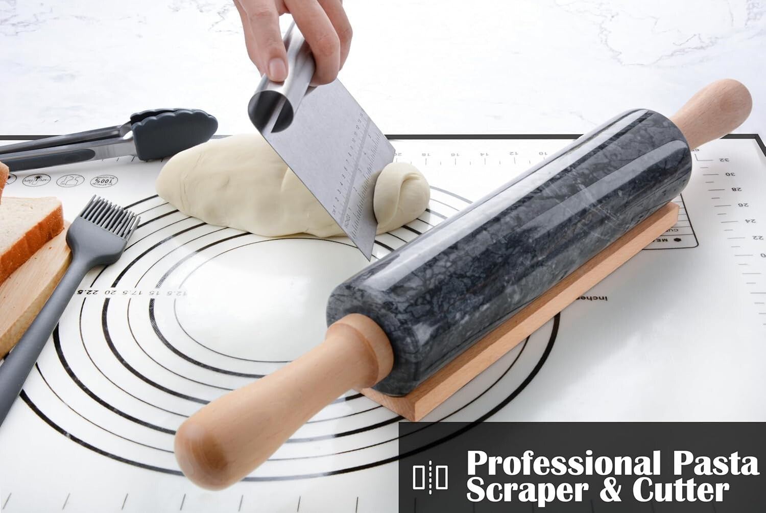 Elegant 18.5-Inch Marble Rolling Pin Set with Silicone Pastry Mat & Accessories