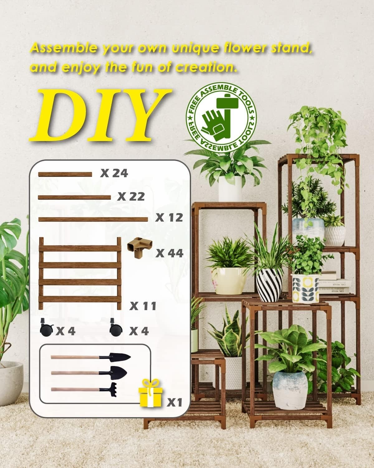 Carbonized Wood Plant Stand with Wheels - Holds 11-25 Pots for Versatile Display
