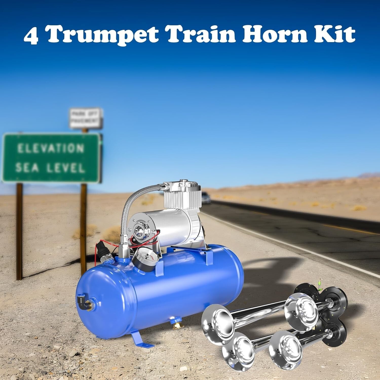 4 Trumpet Train Horn System with 150DB Sound - Portable Air Compressor Included