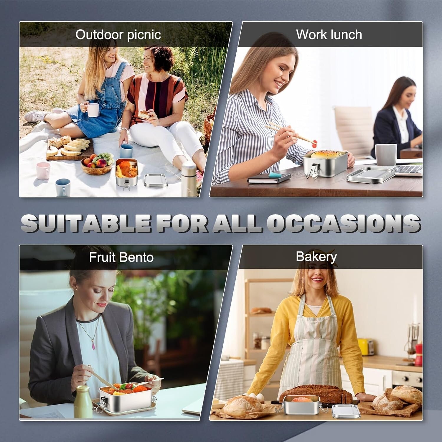 Durable 850ml Stainless Steel Lunch Box Set with Lockable Clips - 8 Containers