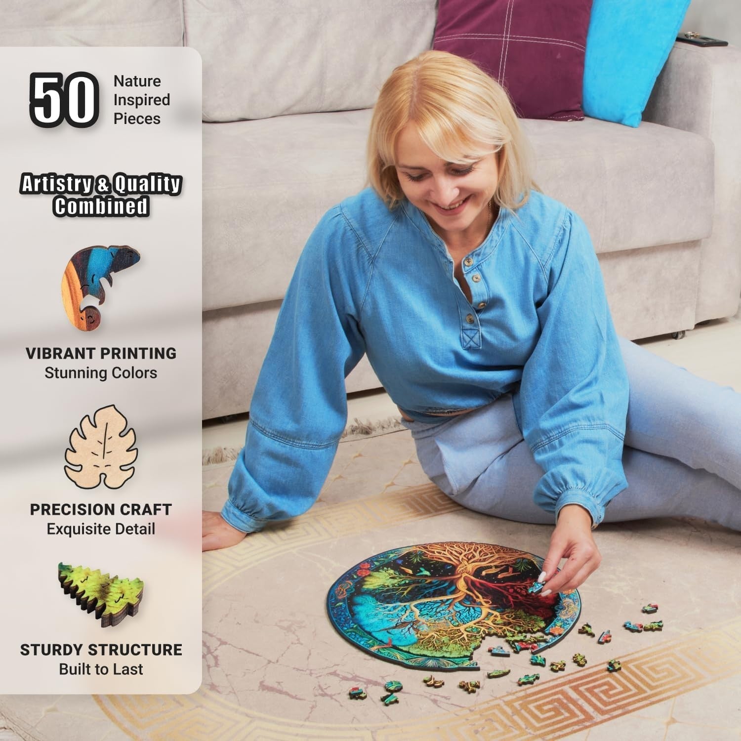 Extra-Thick Round 500-Piece Wooden Puzzle with Creative Hand-Shaped Pieces