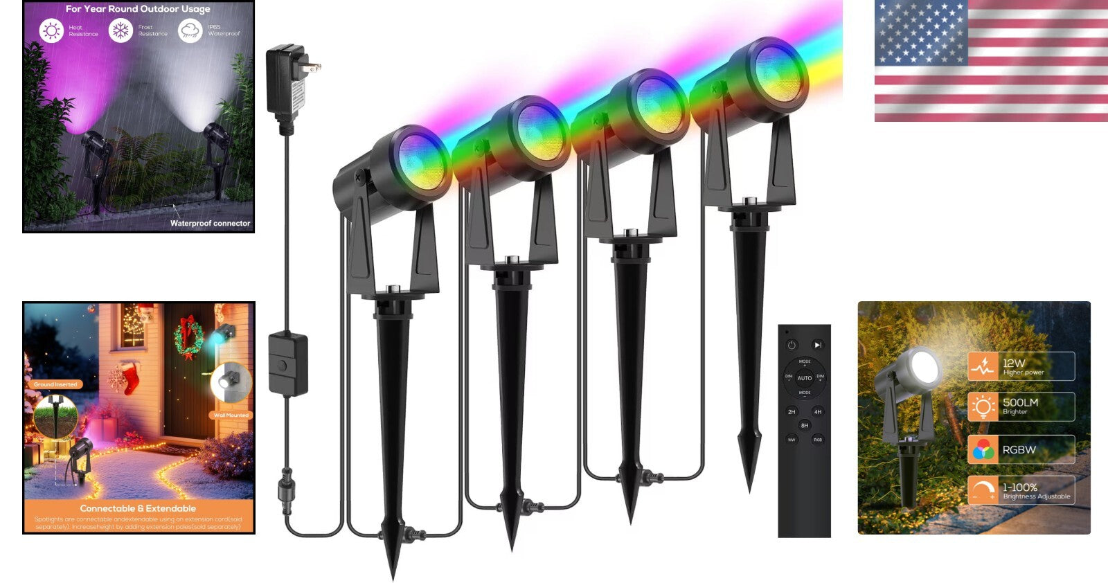 Connectable RGBW Outdoor Spot Lights with Adjustable Heads - Waterproof 4 Pack