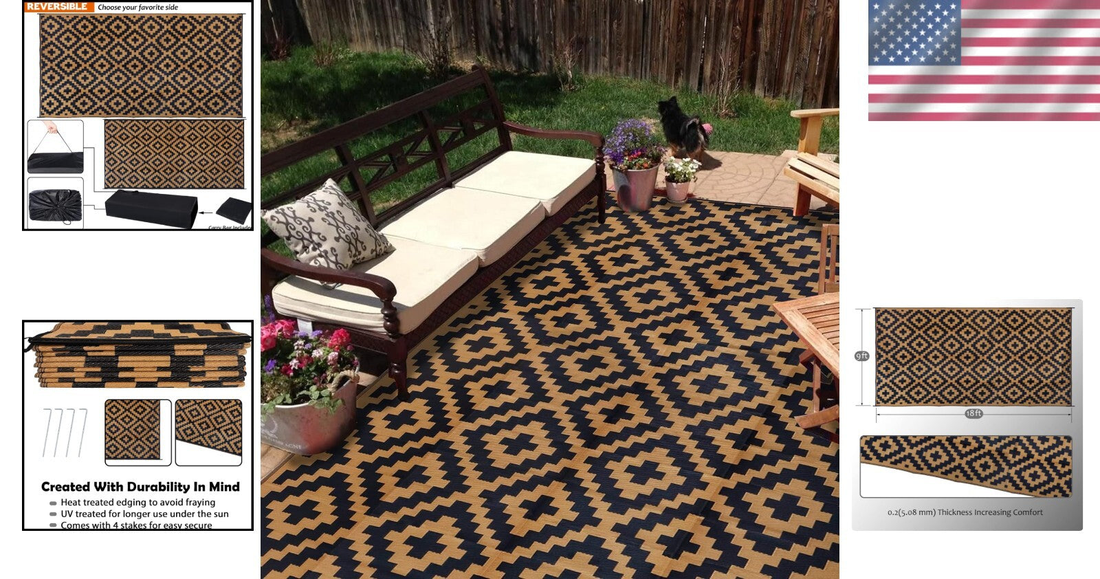 Versatile 9' x 18' Reversible Outdoor Rug - Ideal for Camping, Decks & More