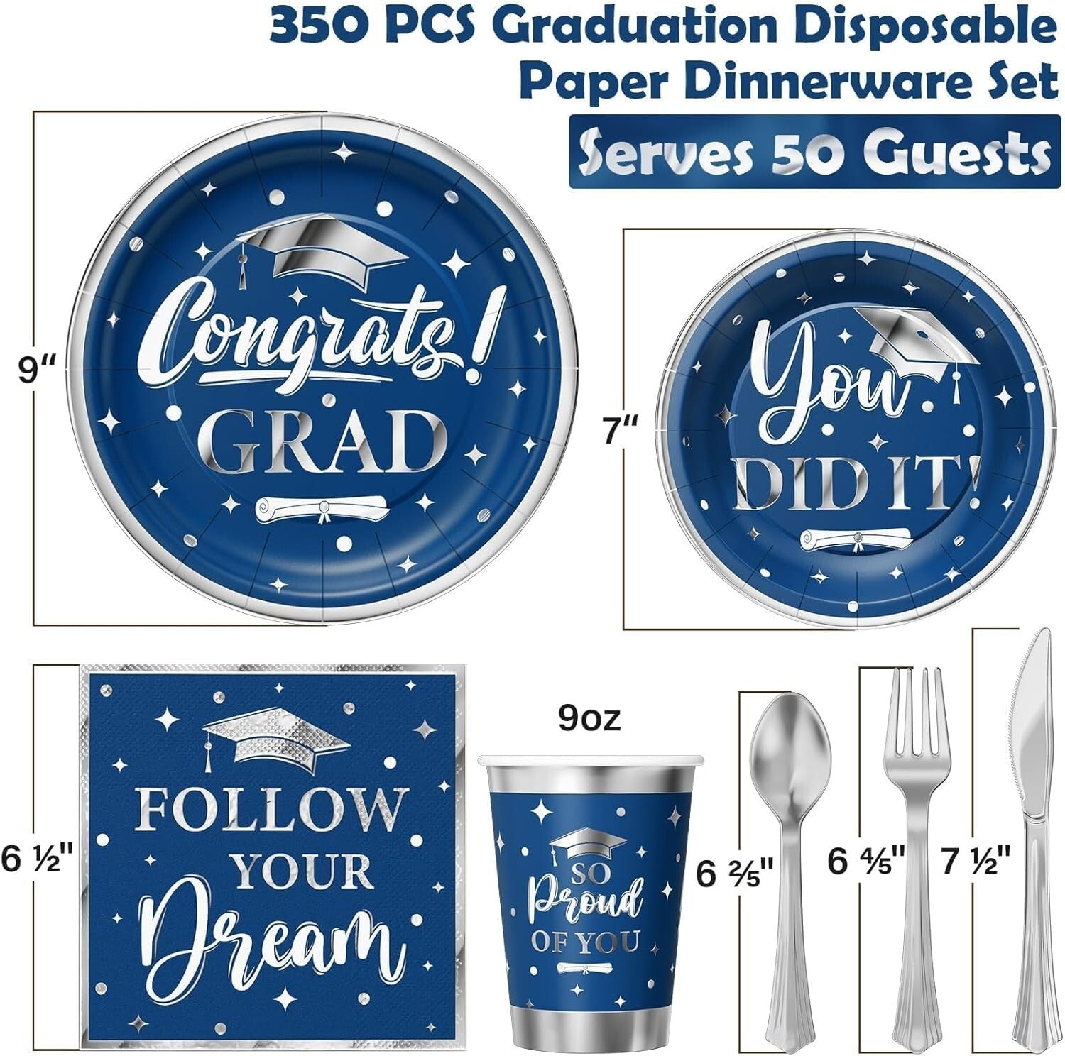 Blue & Silver Graduation Dinnerware Set - 350PCS for Class of 2025 Celebrations