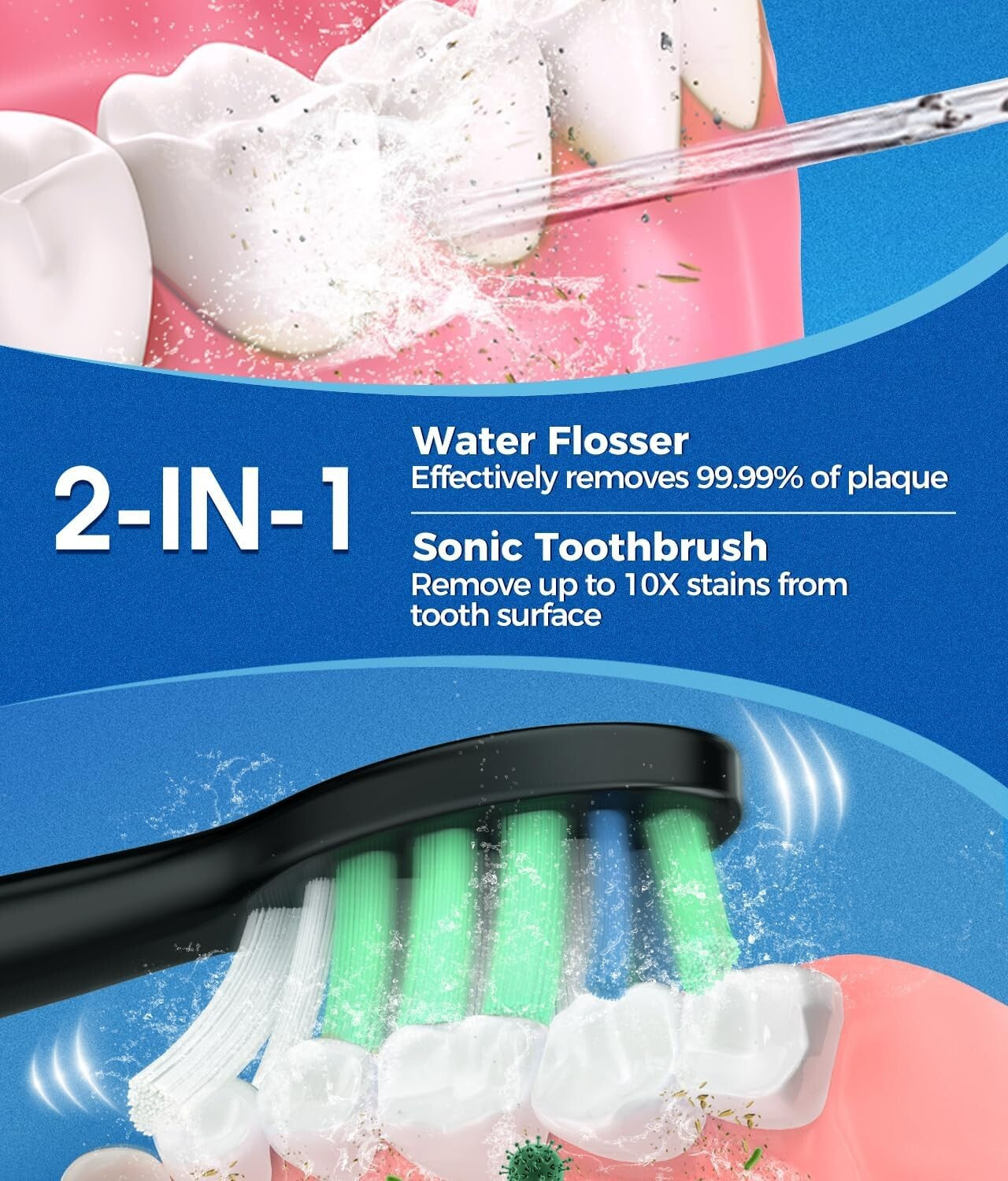 2-in-1 Electric Toothbrush & Water Flosser Combo - 600ML with 10 Pressure Modes