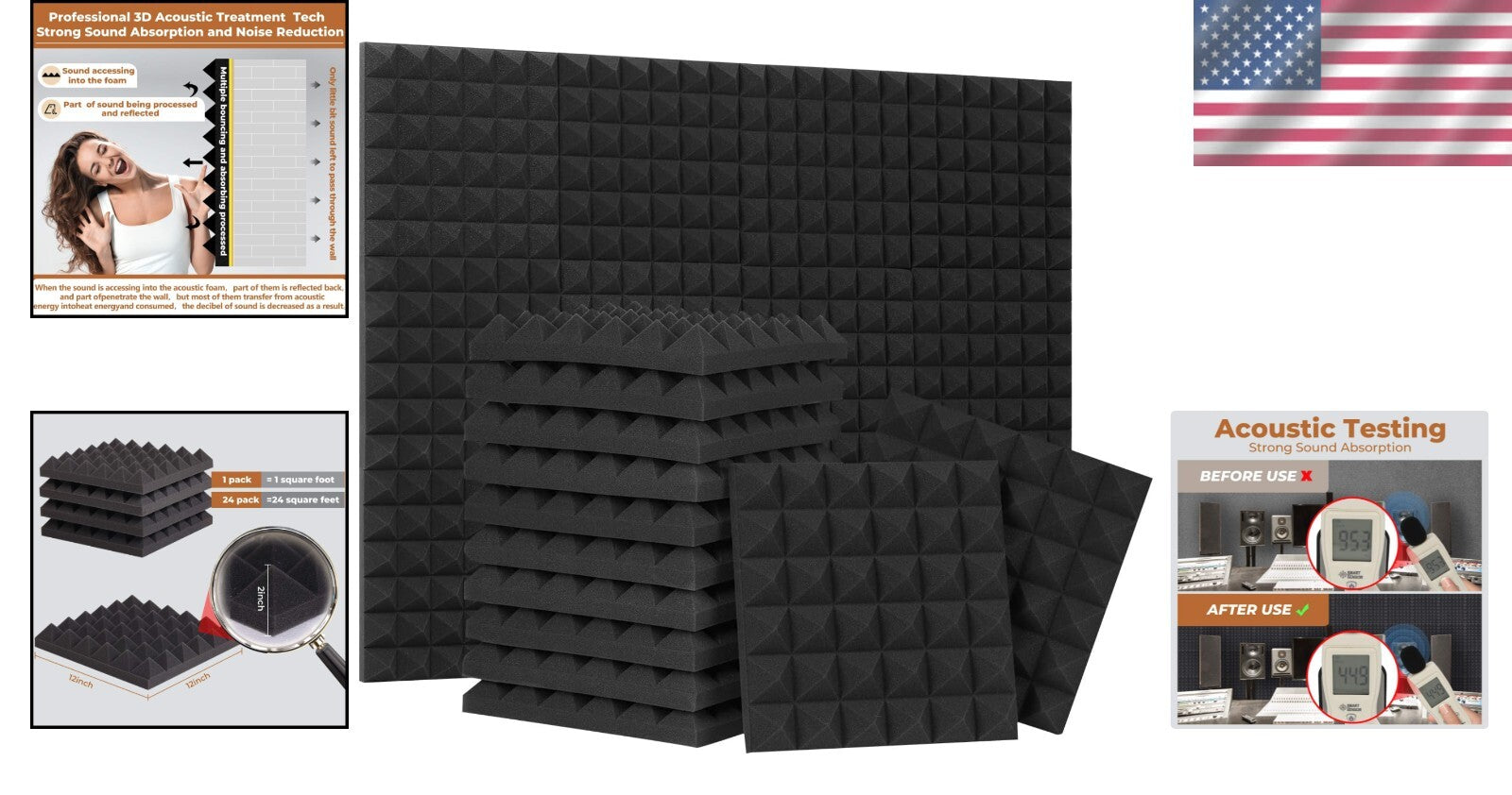 High Density 12x12x2 Acoustic Foam Pyramid Panels - 24 Pack with Easy Install