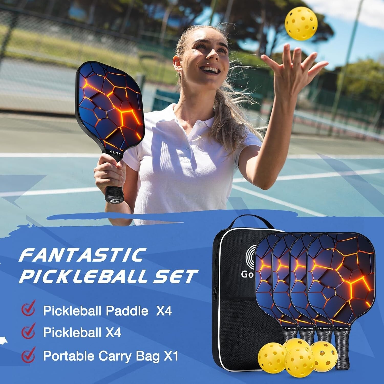 Lightweight Graphite Pickleball Rackets with Comfort Grip - Set of 4 & Carry Bag
