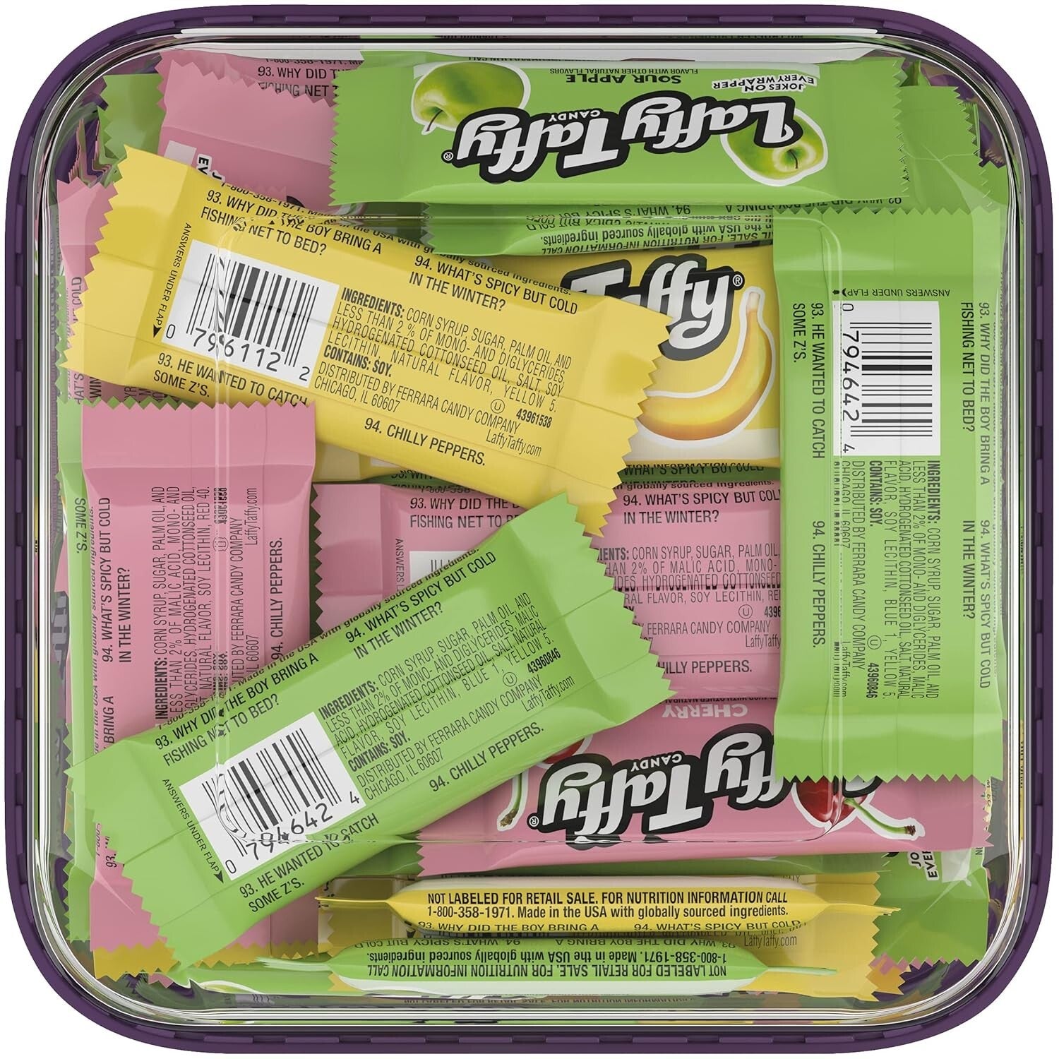 Assorted Fruit Taffy Candy Mix - Sour Apple, Cherry, Strawberry & Banana 145 Pc