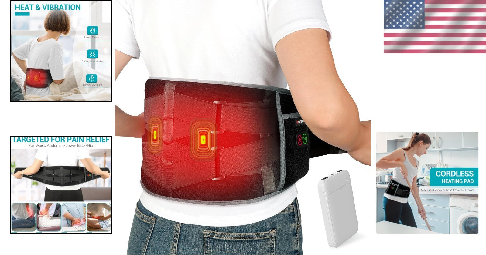 Rechargeable Back Massager with 3 Heat and Vibration Settings - Great for Gifts