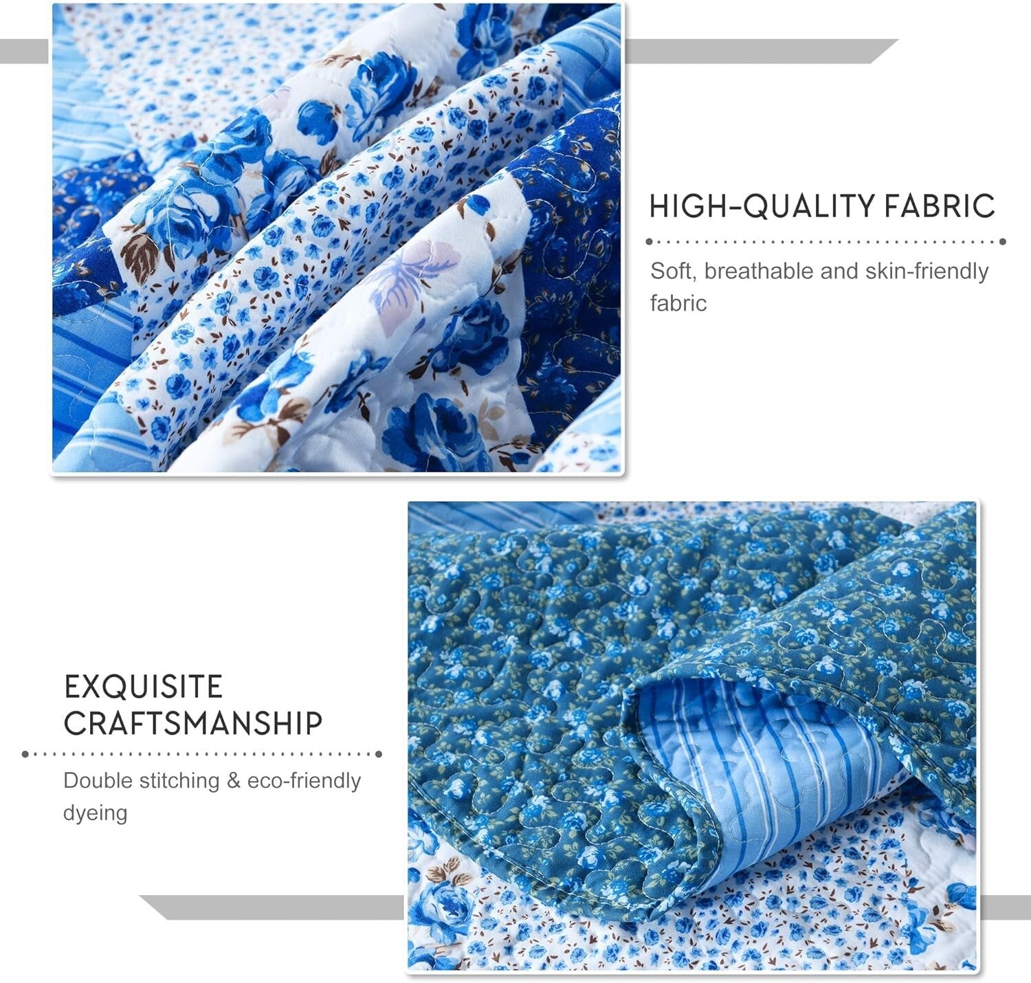 Lightweight Microfiber 3-Piece King Quilt Set with Floral Patchwork and Shams