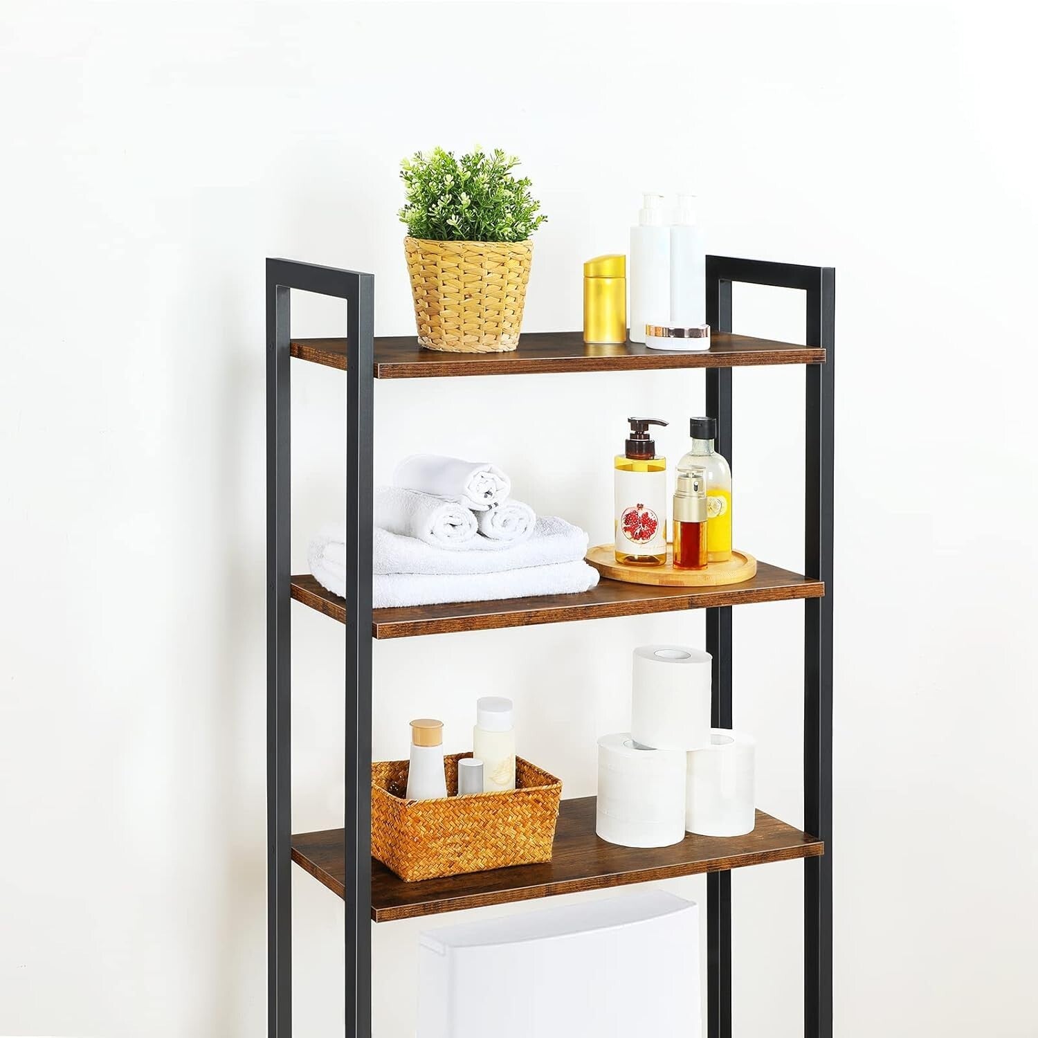 3-Tier Over Toilet Bathroom Organizer - Rustic Space Saver with Adjustable Feet